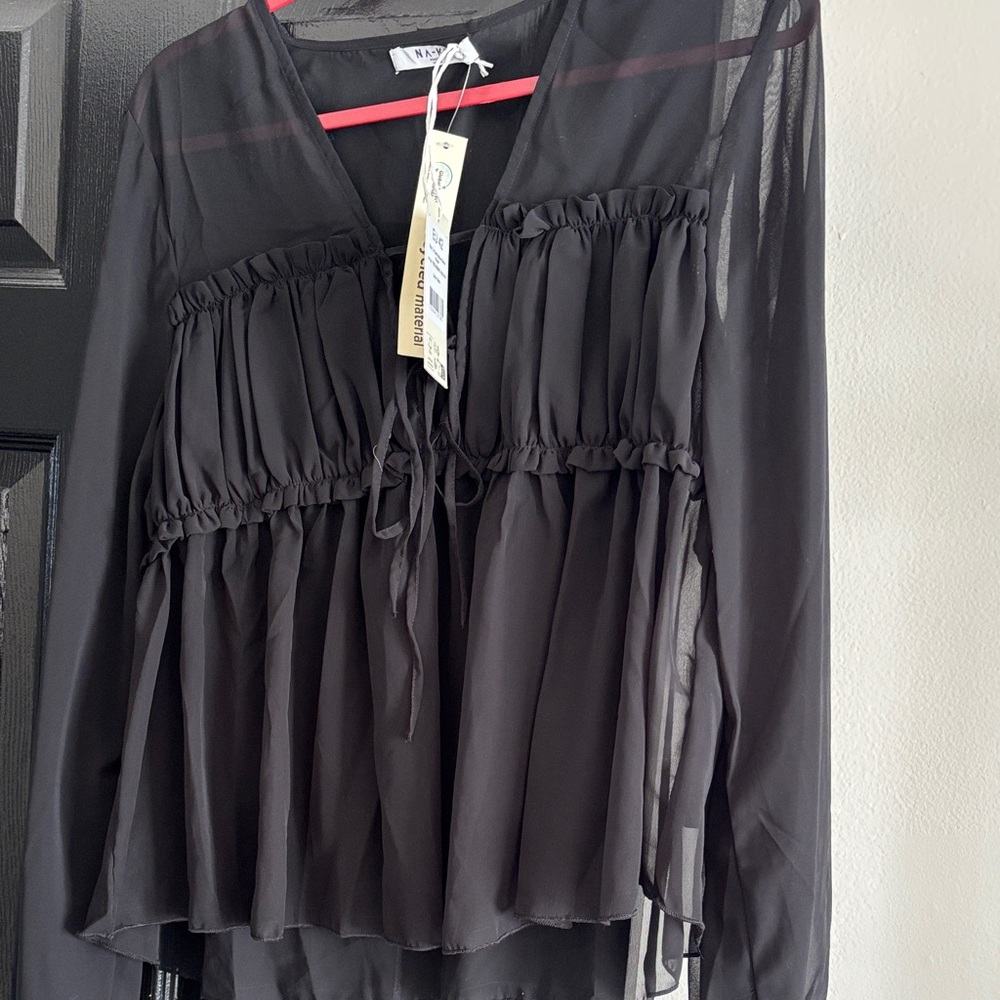 Elegant Black Sheer Blouse with Ruffle Details
